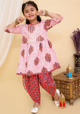 Girls Magenta Floral Regular Pure Cotton Kurti With Salwar