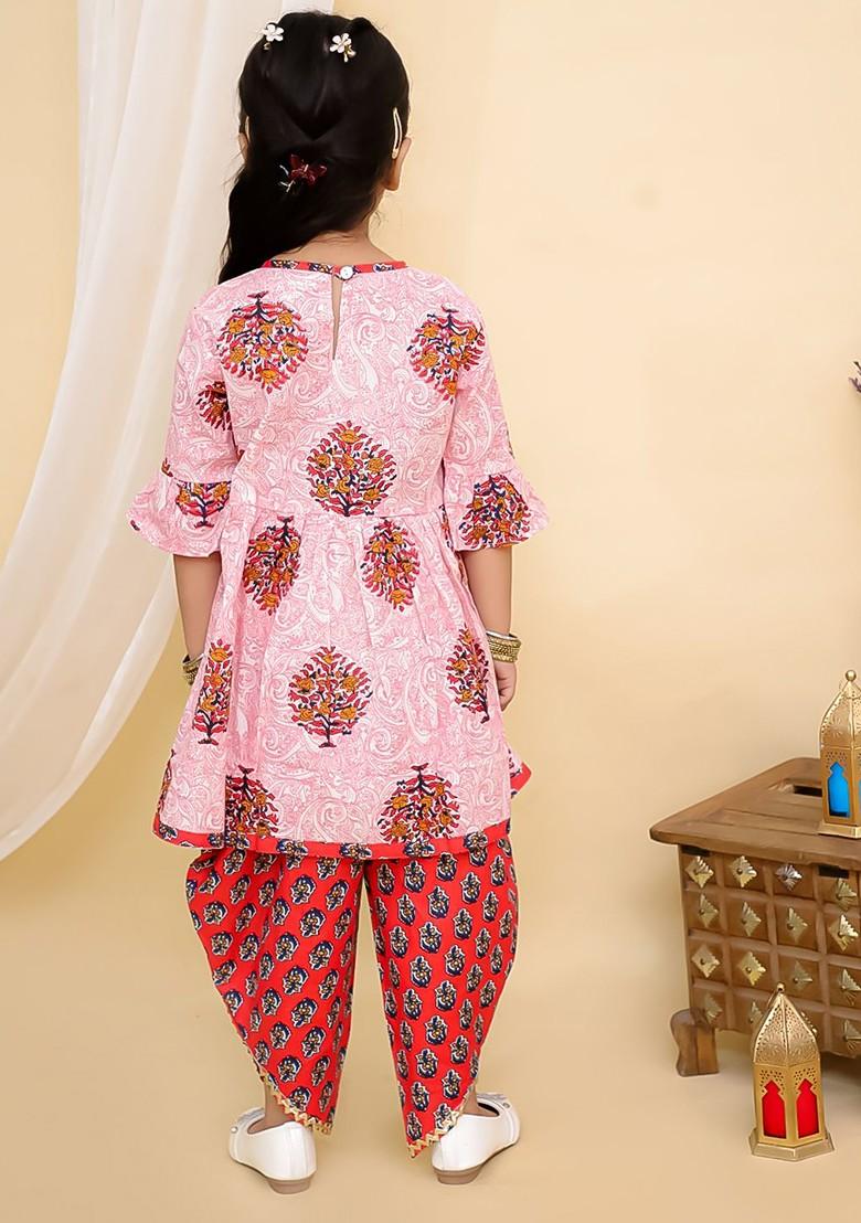 Girls Magenta Floral Regular Pure Cotton Kurti With Salwar