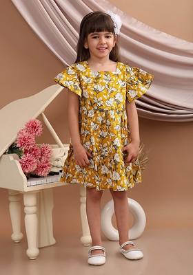 Girls Floral Print Flared Sleeve Cotton Fit And Flare Dress