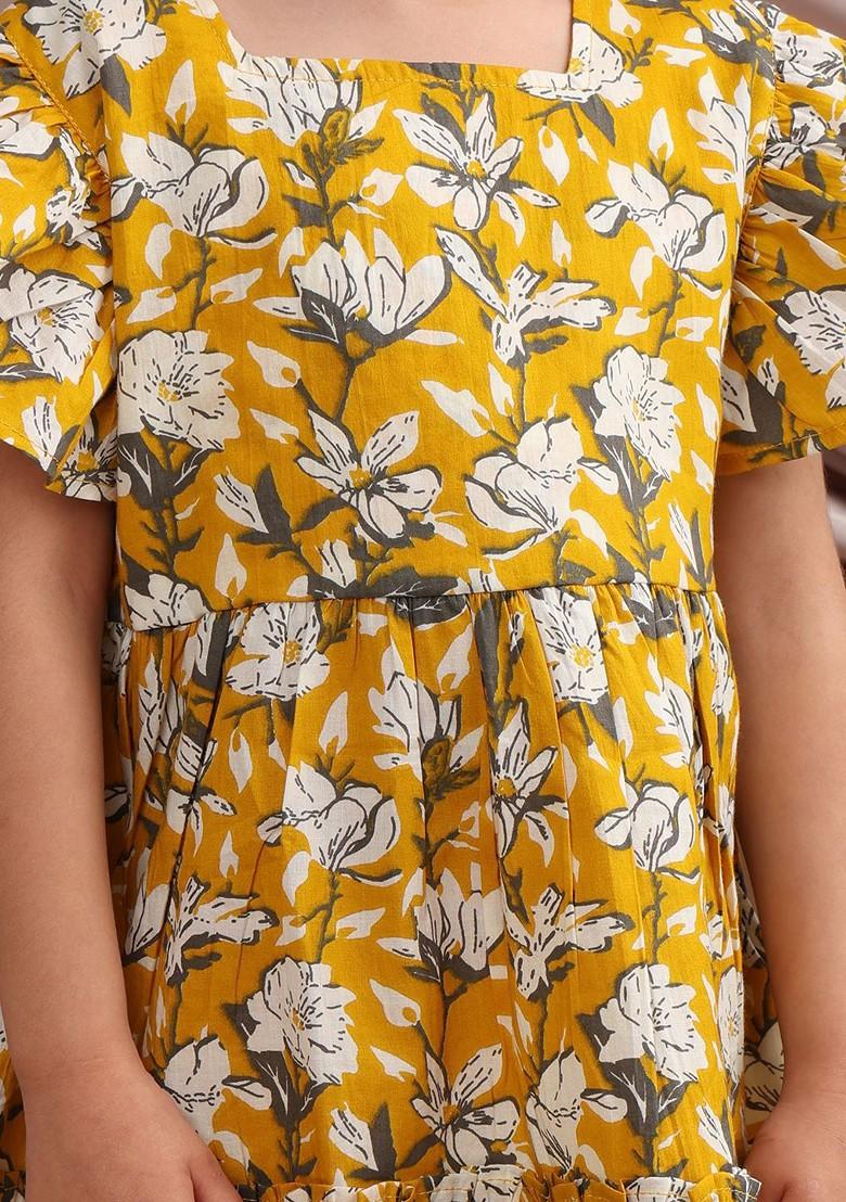 Girls Floral Print Flared Sleeve Cotton Fit And Flare Dress