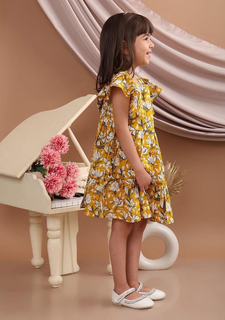 Girls Floral Print Flared Sleeve Cotton Fit And Flare Dress