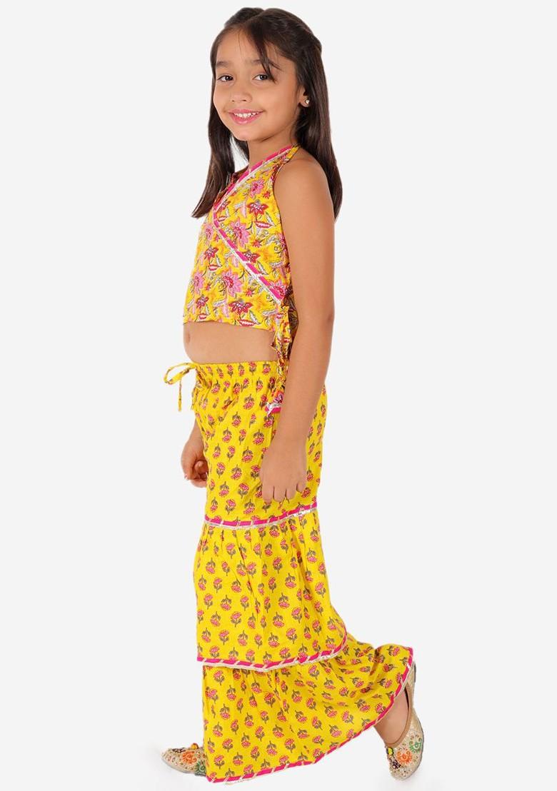 Girls Floral Printed Pure Cotton Top With Sharara Set