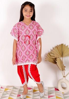 Girls Floral Printed Regular Pure Cotton Kaftan Top With Dhoti Pants