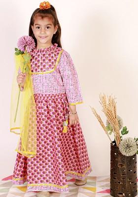 Girls Printed Ready To Wear Pure Cotton Lehenga And Blouse With Dupatta