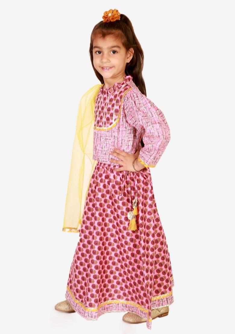 Girls Printed Ready To Wear Pure Cotton Lehenga And Blouse With Dupatta