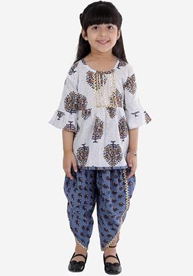 Girls Floral Printed Layered Pure Cotton Kurti With Salwar