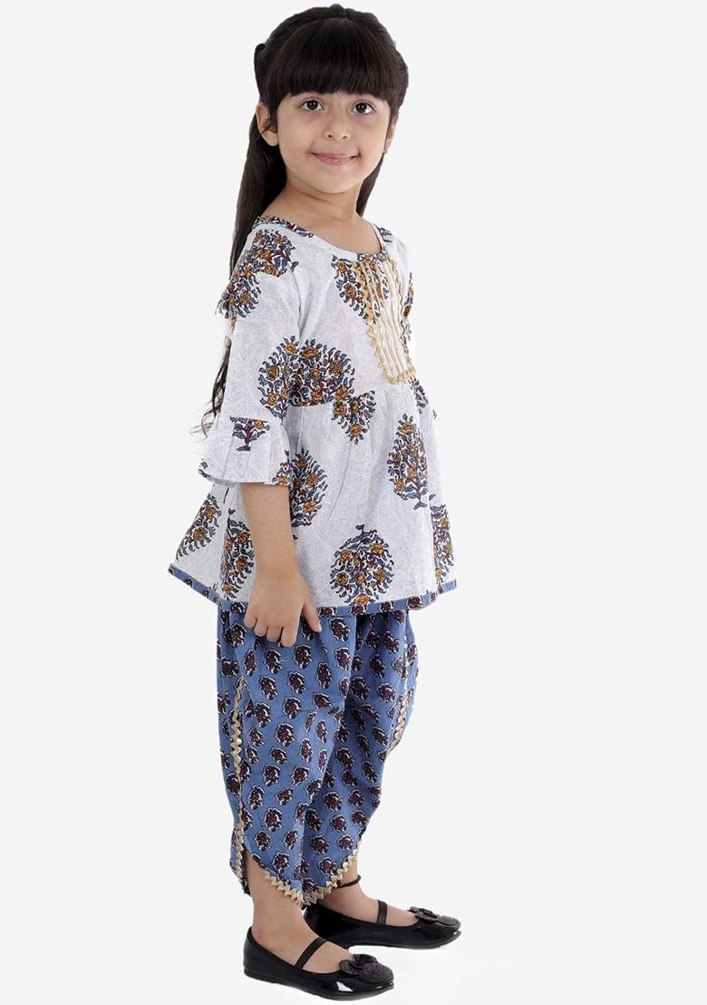 Girls Floral Printed Layered Pure Cotton Kurti With Salwar