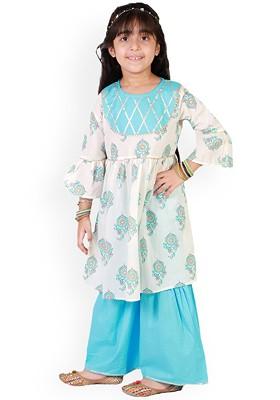 Girls Blue Printed Layered Gotta Patti Pure Cotton Kurta With Sharara