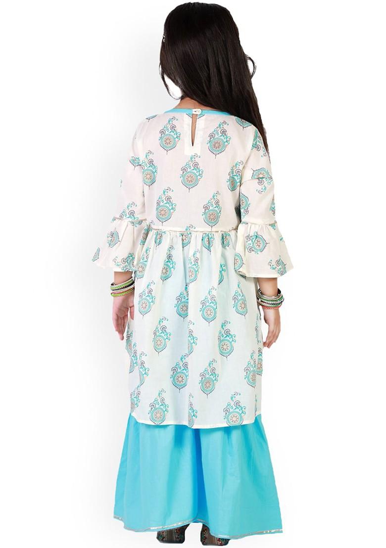 Girls Blue Printed Layered Gotta Patti Pure Cotton Kurta With Sharara