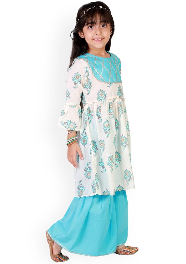 Girls Blue Printed Layered Gotta Patti Pure Cotton Kurta With Sharara