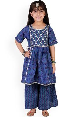 Girls Navy Blue Floral Printed Pleated Gotta Patti Pure Cotton Kurta With Sharara