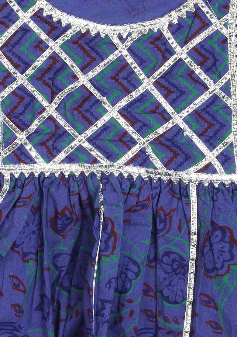 Girls Navy Blue Floral Printed Pleated Gotta Patti Pure Cotton Kurta With Sharara