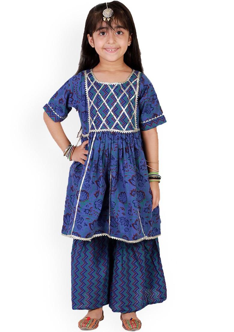 Girls Navy Blue Floral Printed Pleated Gotta Patti Pure Cotton Kurta With Sharara