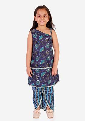 Girls Blue Floral Printed Gotta Patti Pure Cotton Top With Salwar