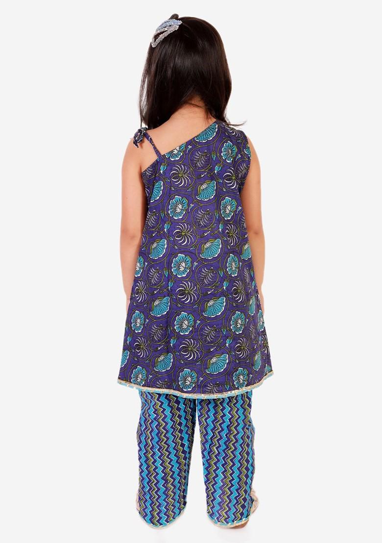 Girls Blue Floral Printed Gotta Patti Pure Cotton Top With Salwar