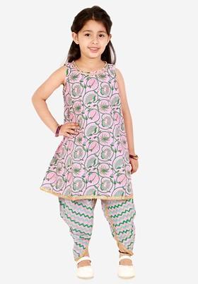 Girls Pink Floral Printed Panelled Pure Cotton Kurti With Salwar