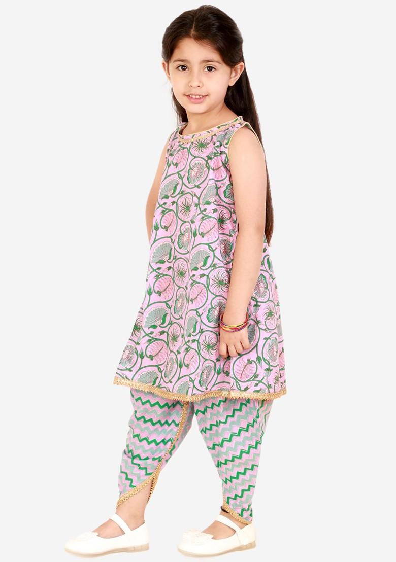 Girls Pink Floral Printed Panelled Pure Cotton Kurti With Salwar