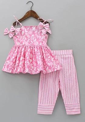 Pink Girls Floral Printed Square Neck Shoulder Straps Kurta With Trousers