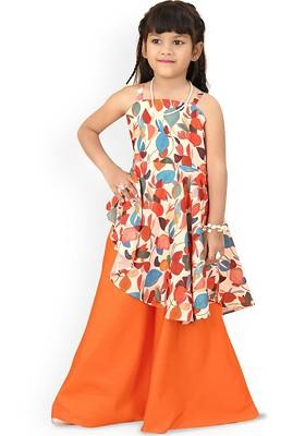 Orange Girls Floral Printed Shoulder Straps Cotton Silk A Line Kurta With Palazzos
