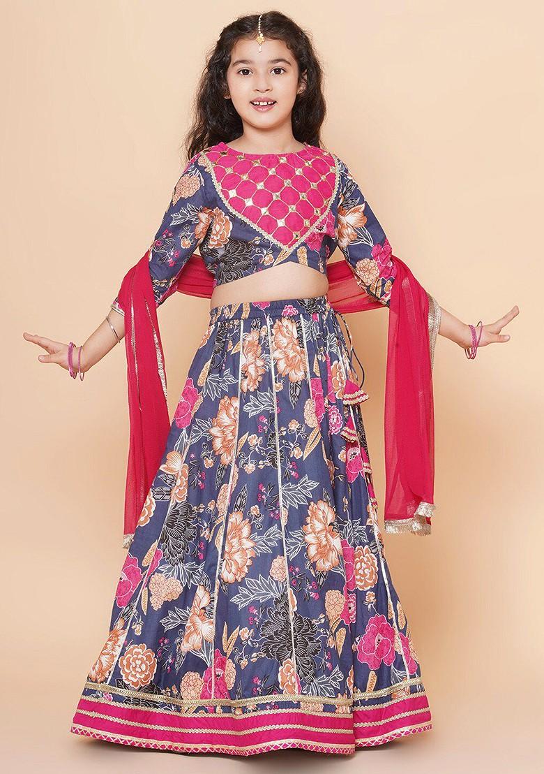 Blue Girls Printed Mirror Work Ready To Wear Lehenga And Blouse With Dupatta