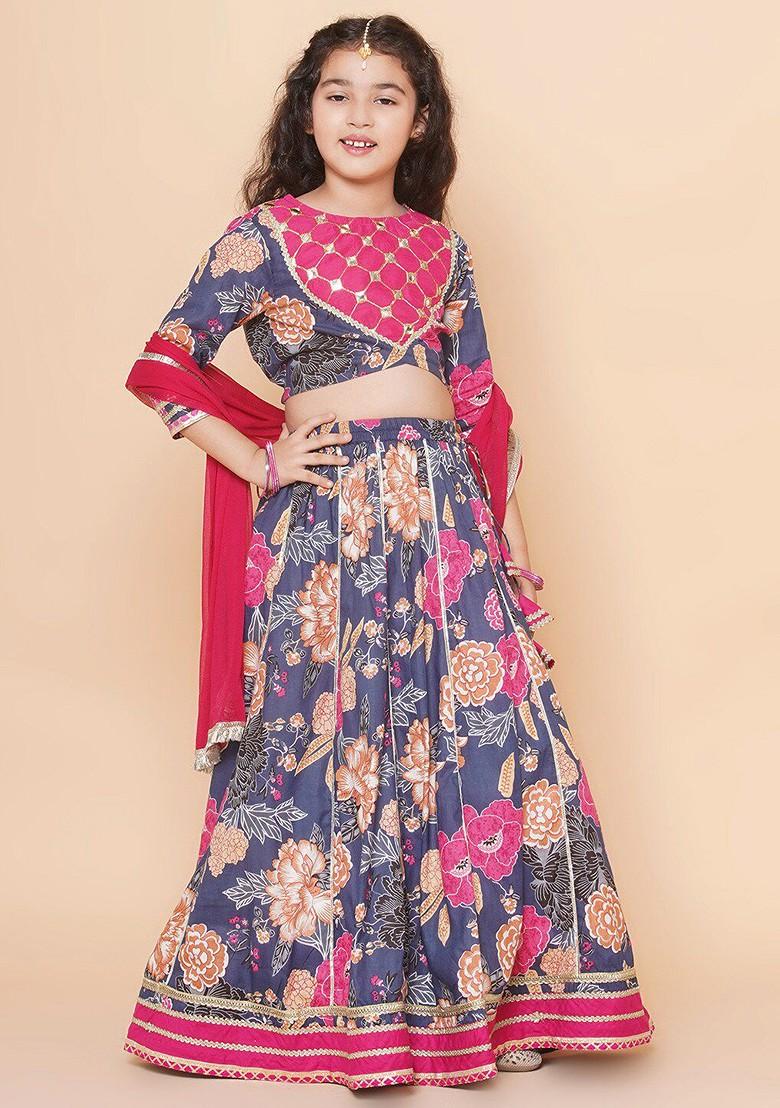 Blue Girls Printed Mirror Work Ready To Wear Lehenga And Blouse With Dupatta