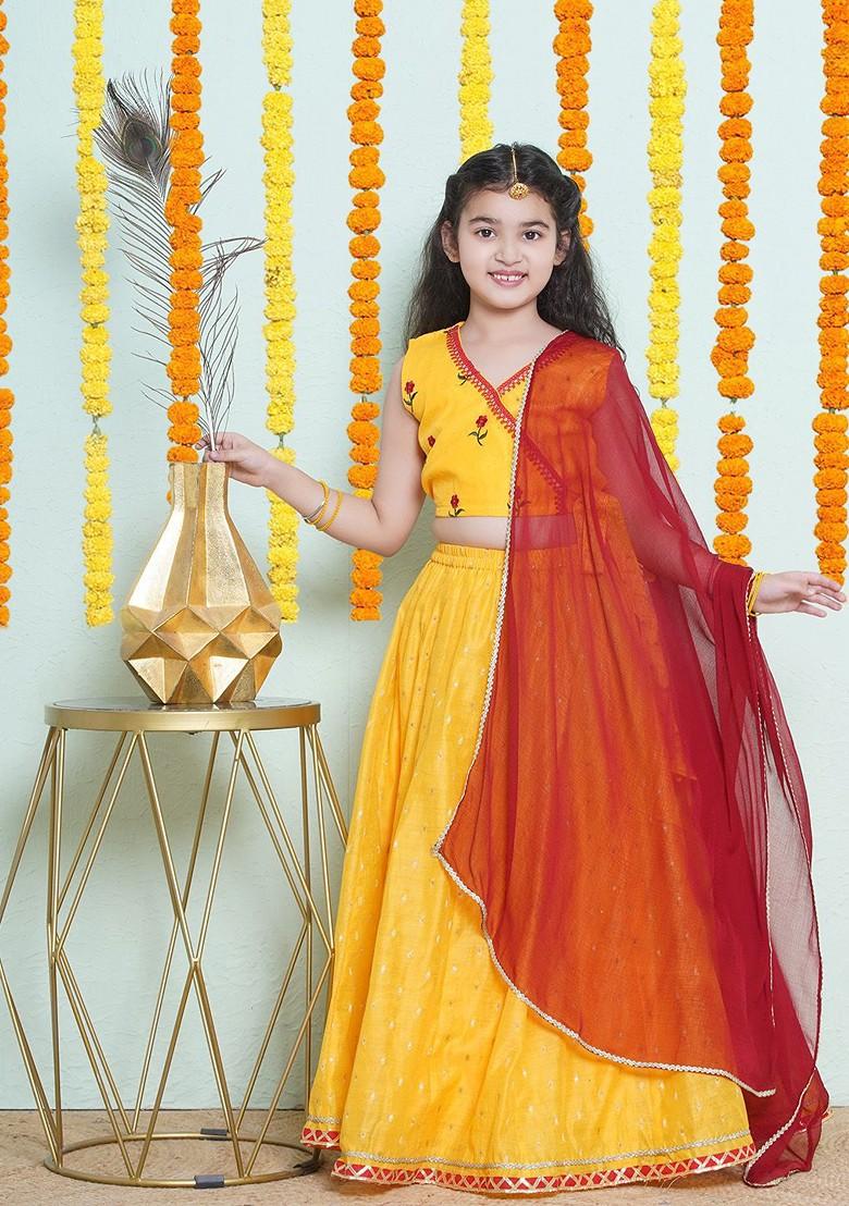 Yellow Girls Embroidered Gotta Patti Ready To Wear Lehenga And Blouse With Dupatta