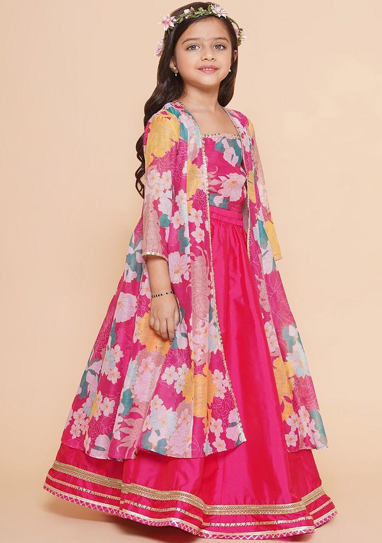 Pink Girls Floral Printed Ready To Wear Lehenga And Blouse With Shrug