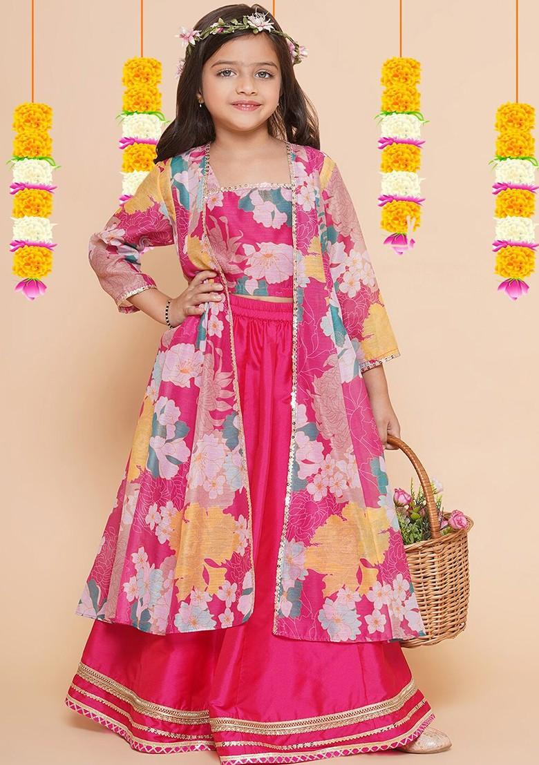 Pink Girls Floral Printed Ready To Wear Lehenga And Blouse With Shrug