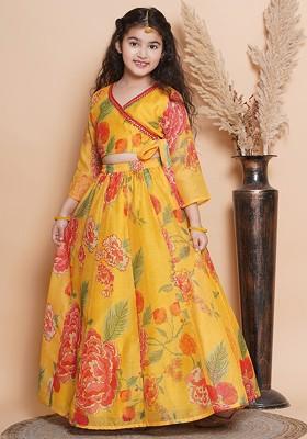 Yellow Girls Printed V Neck Sequinned Ready To Wear Lehenga And Blouse