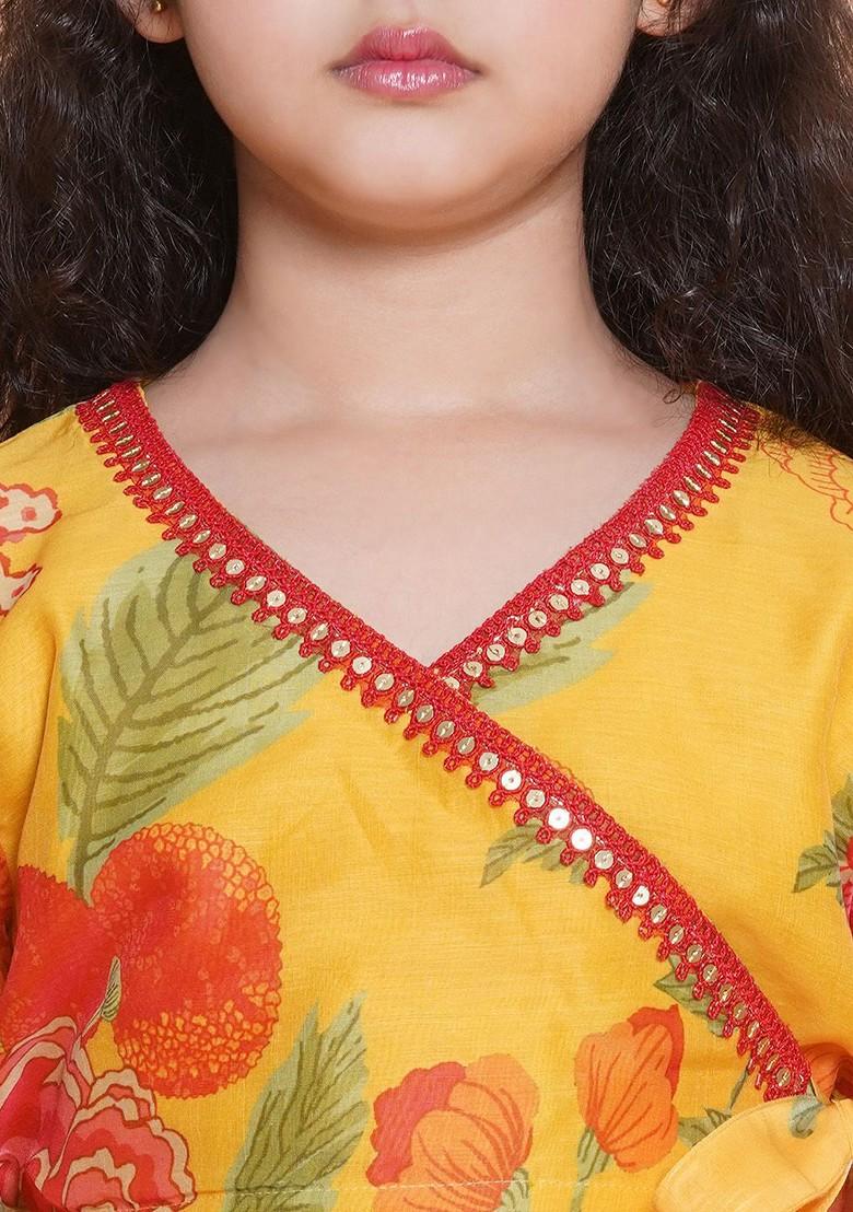 Yellow Girls Printed V Neck Sequinned Ready To Wear Lehenga And Blouse