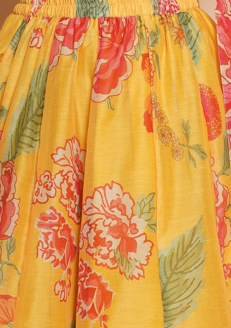 Yellow Girls Printed V Neck Sequinned Ready To Wear Lehenga And Blouse