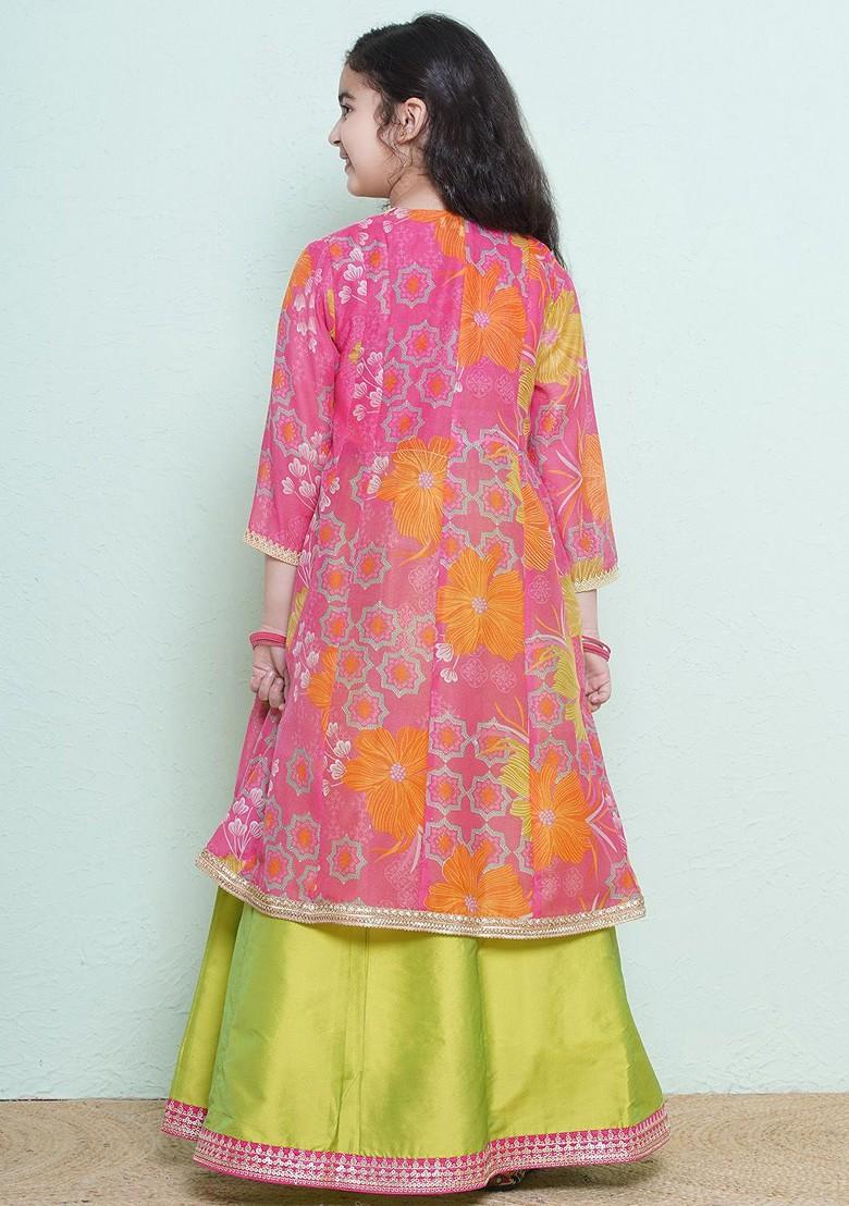 Green Girls Floral Printed Gotta Patti Ready To Wear Lehenga And Blouse With Shrug