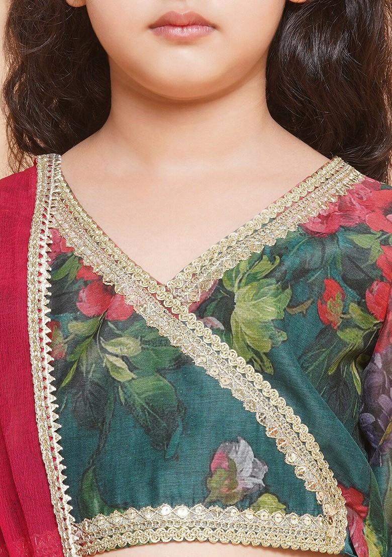 Green Girls Printed Ready To Wear Lehenga And Blouse With Dupatta