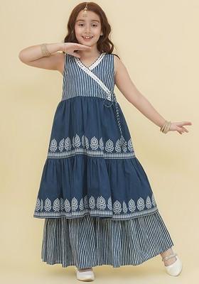 Blue Girls Printed Angrakha Gotta Patti Pure Cotton Kurta With Sharara