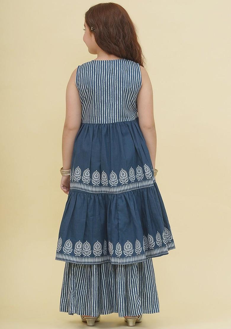 Blue Girls Printed Angrakha Gotta Patti Pure Cotton Kurta With Sharara