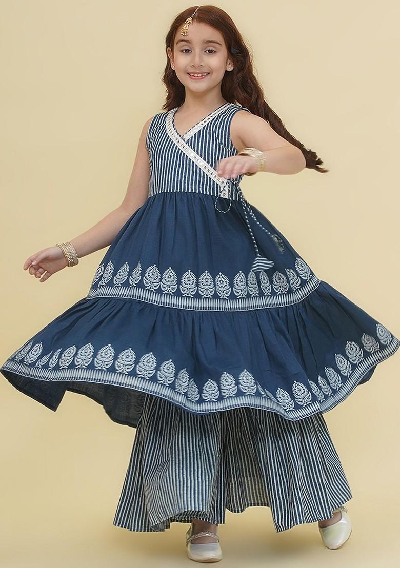 Blue Girls Printed Angrakha Gotta Patti Pure Cotton Kurta With Sharara