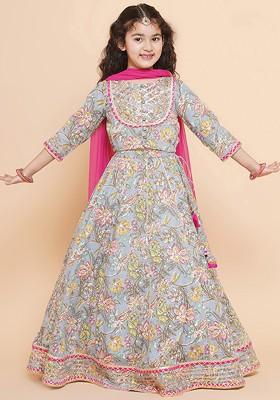 Grey Girls Printed Ready To Wear Lehenga And Blouse With Dupatta