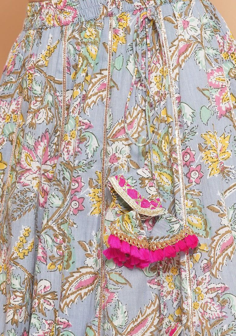 Grey Girls Printed Ready To Wear Lehenga And Blouse With Dupatta