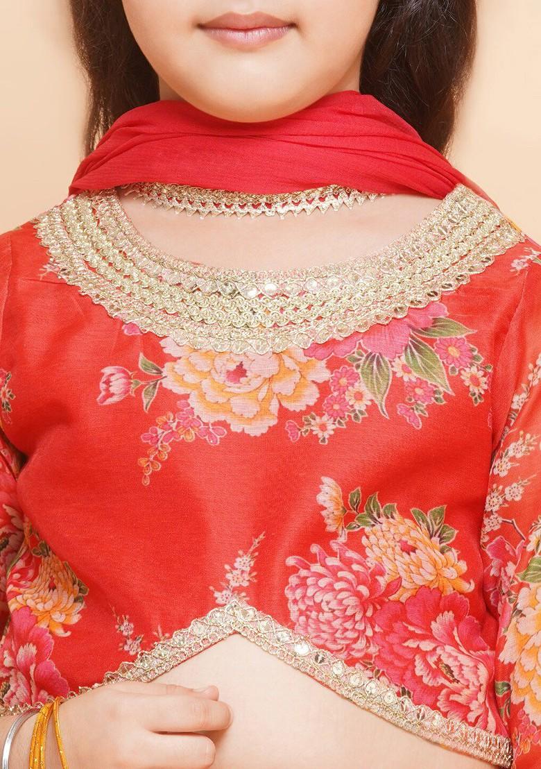 Red Girls Floral Printed Sequined Ready To Wear Lehenga And Blouse With Dupatta