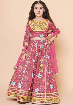 Pink Girls Floral Printed Ready To Wear Lehenga And Blouse With Dupatta