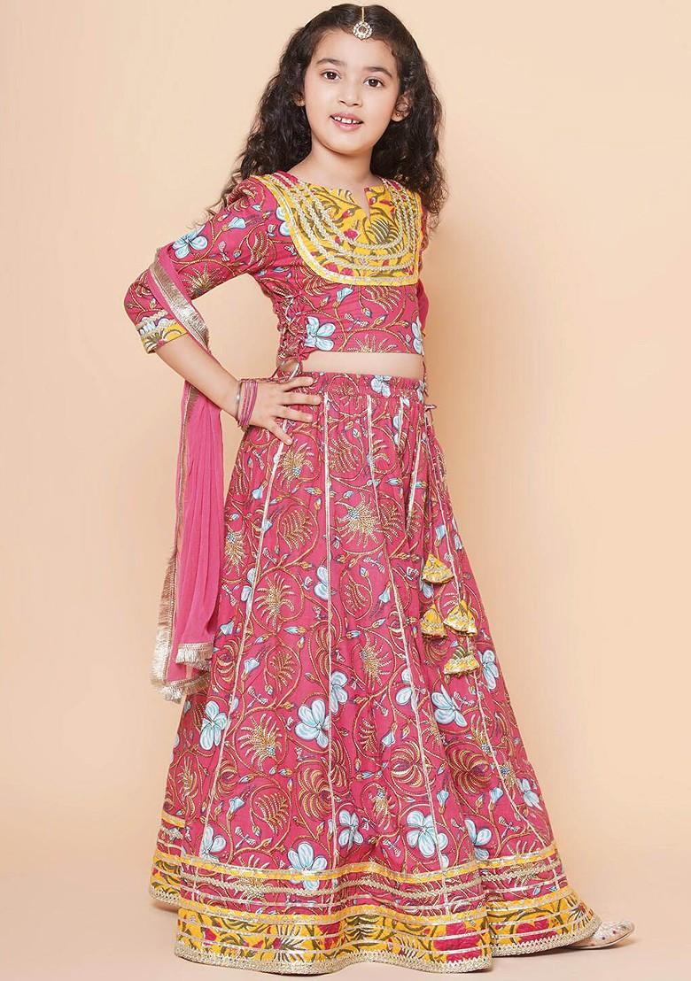 Pink Girls Floral Printed Ready To Wear Lehenga And Blouse With Dupatta