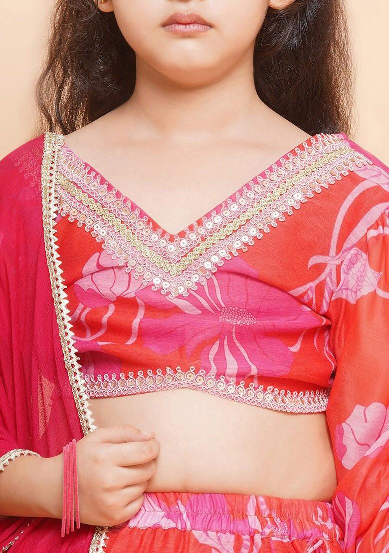 Red Girls Floral Printed Sequined Ready To Wear Lehenga And Blouse With Dupatta