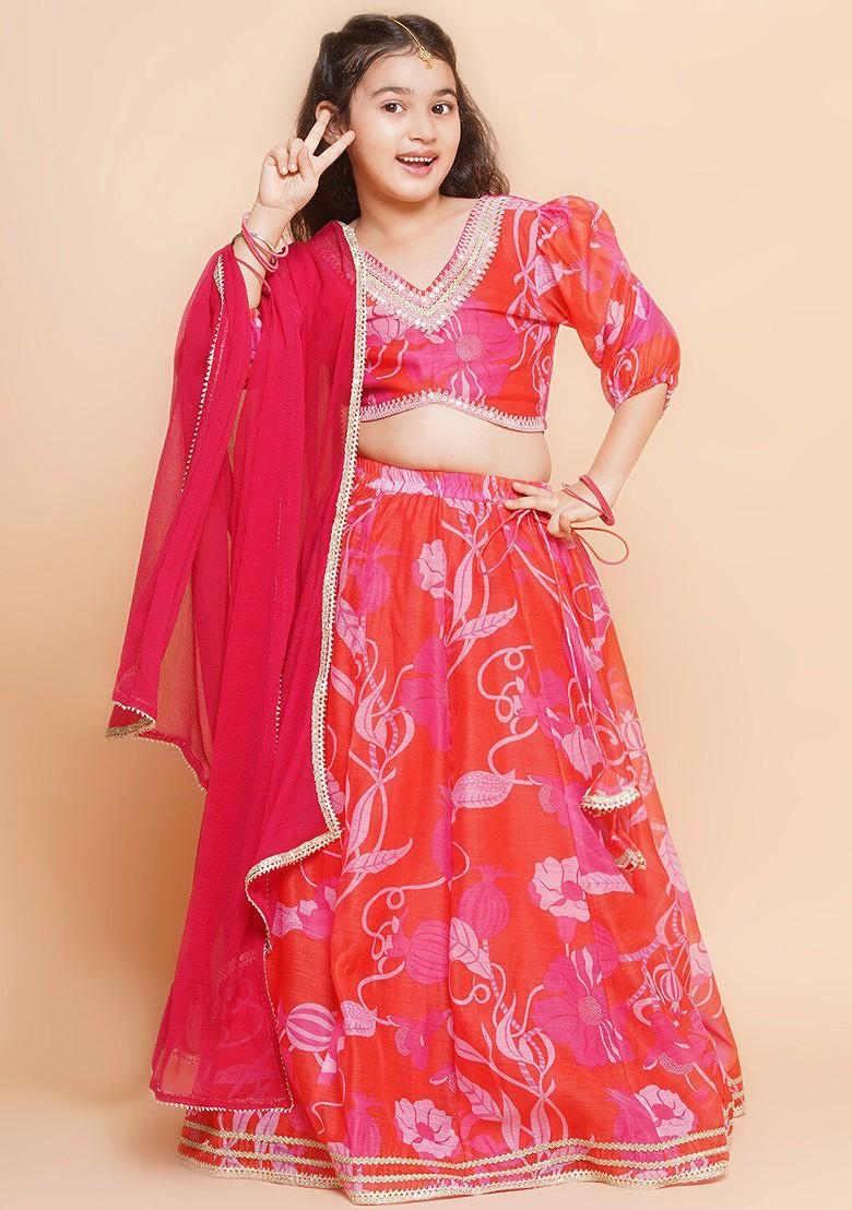Red Girls Floral Printed Sequined Ready To Wear Lehenga And Blouse With Dupatta