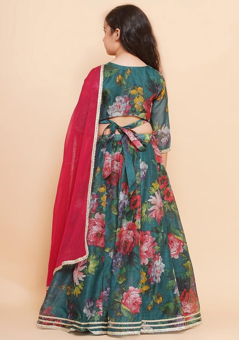 Green Girls Floral Printed Sequined Ready To Wear Lehenga And Blouse With Dupatta