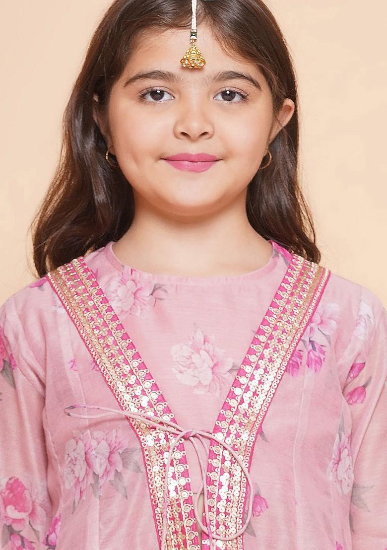 Pink Girls Floral Printed Sequinned Ready To Wear Lehenga And Blouse With Shrug