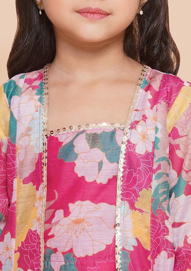 Pink Girls Floral Printed Ready To Wear Lehenga And Blouse With Shrug