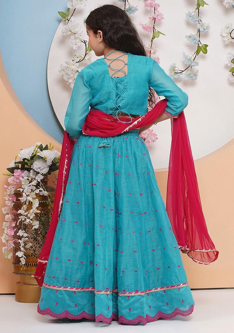 Sea Green Girls Floral Embroidered Ready To Wear Lehenga And Blouse With Dupatta
