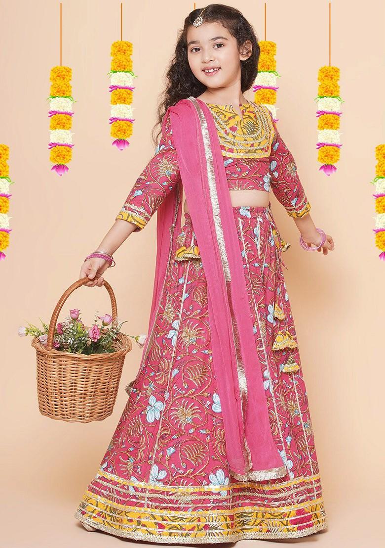 Pink Girls Floral Printed Ready To Wear Lehenga And Blouse With Dupatta
