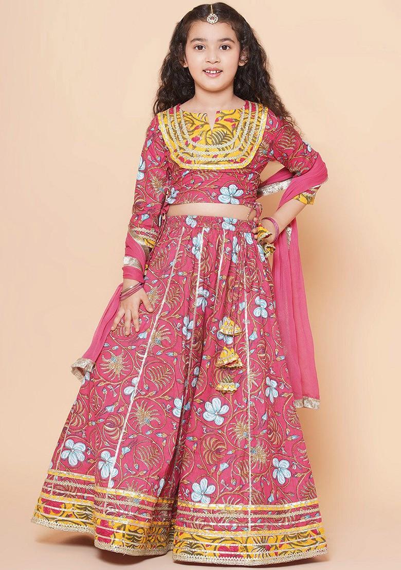 Pink Girls Floral Printed Ready To Wear Lehenga And Blouse With Dupatta
