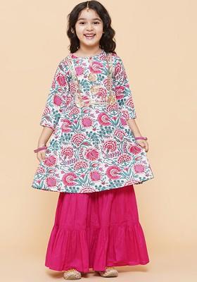 White Girls White And Pink Floral Printed Pleated Kurta With Sharara